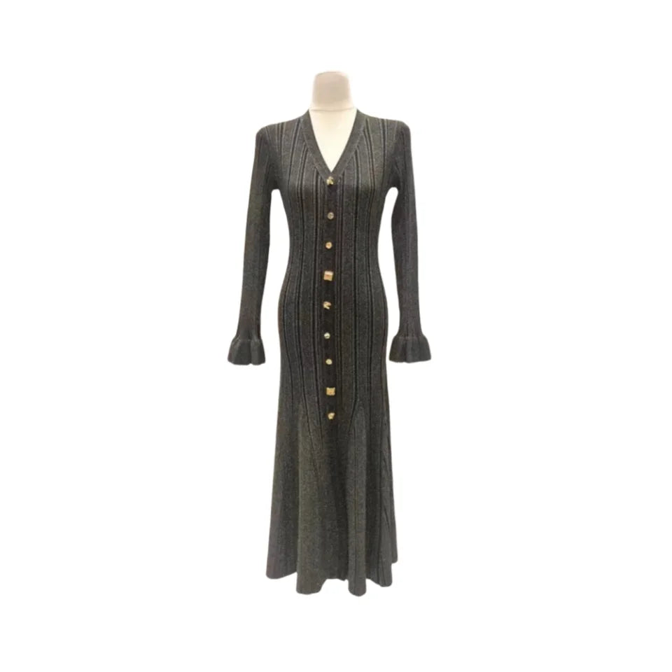 New Autumn Winter Women's V Neck Knitted Long Sleeve Dress