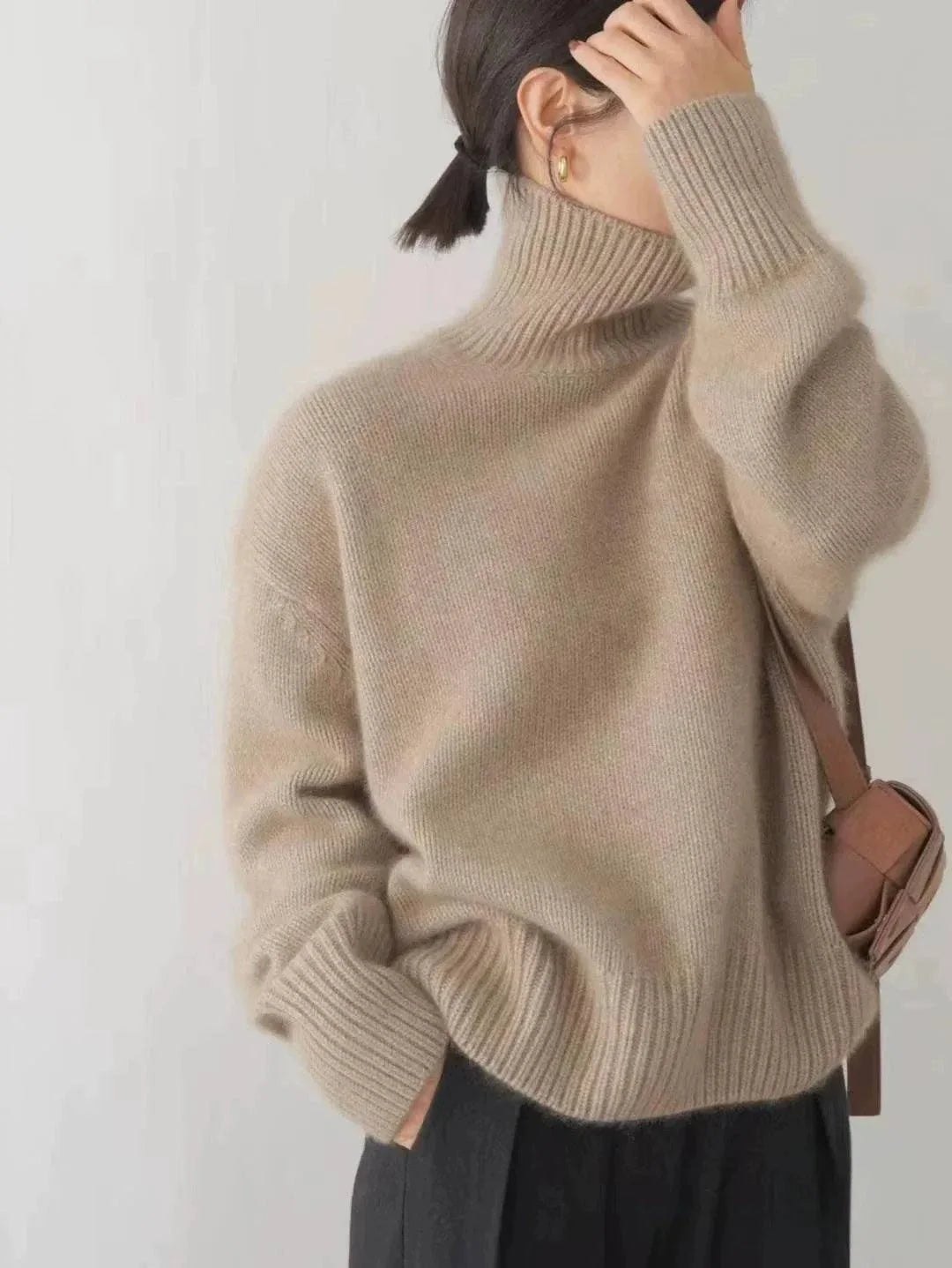 100% Pure Cashmere Women's Loose Turtleneck Sweater in beige, winter wool jumper, cozy and elegant.