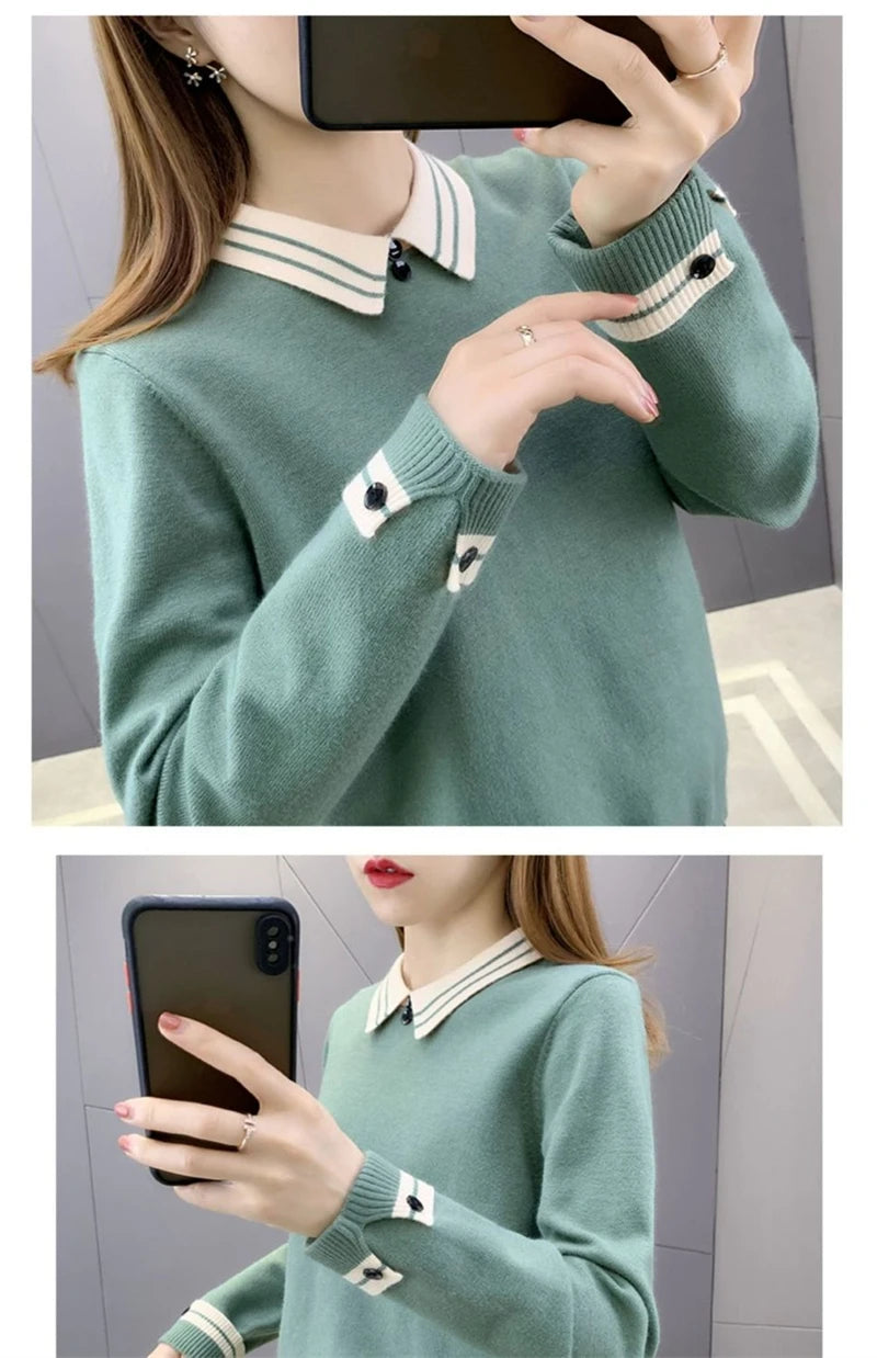 New Autumn Winter Contrast Color Doll Collar Sweater for Women