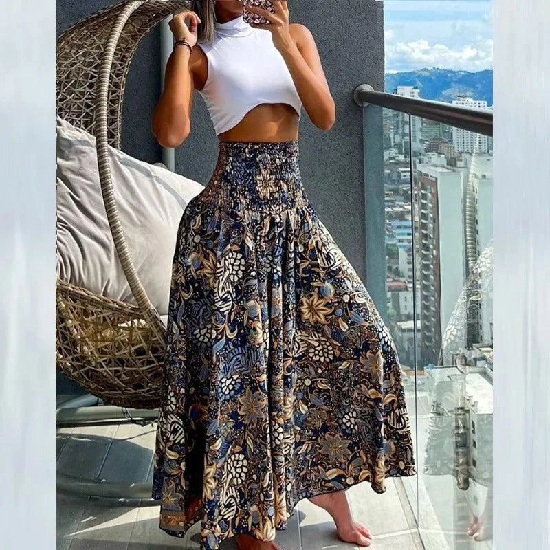 Boho Print Elastic High-Waist Skirt