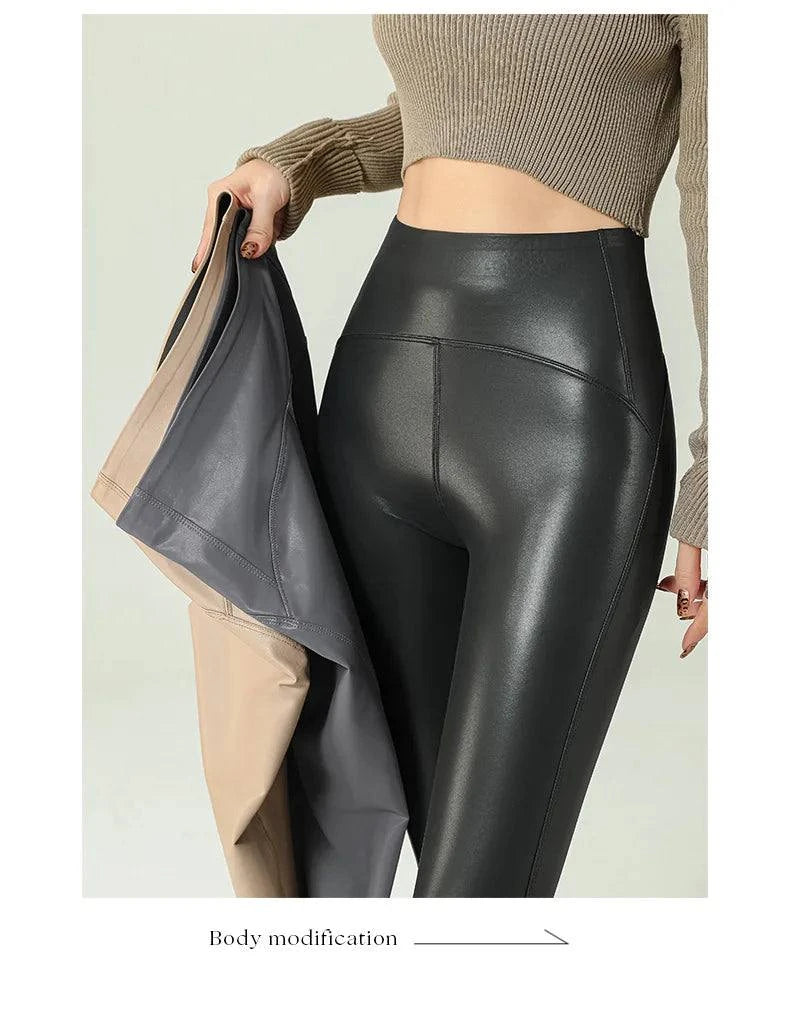 Fall Winter High-Grade Fleece PU Leather Leggings