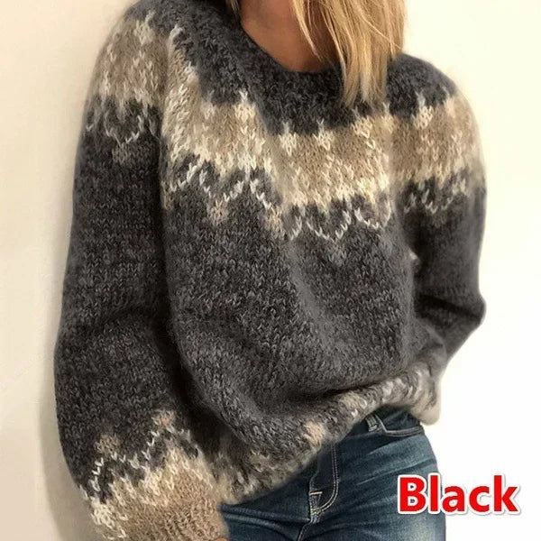 Casual Angora Knit Jacquard Sweater for Stylish Women