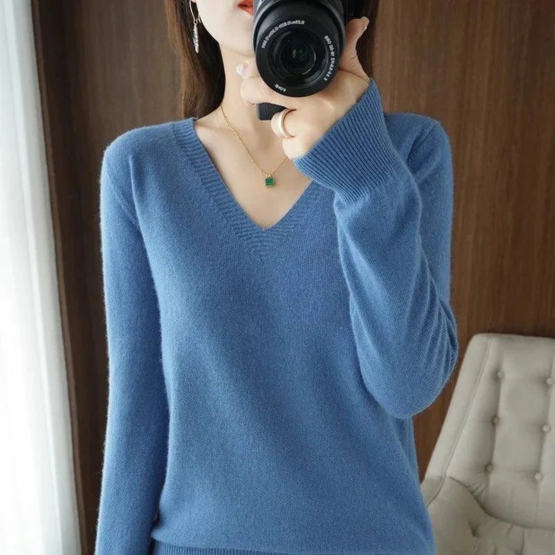 Cashmere women's V-neck pullover sweater with elegant lace detail, designed for casual elegance and autumn layering.