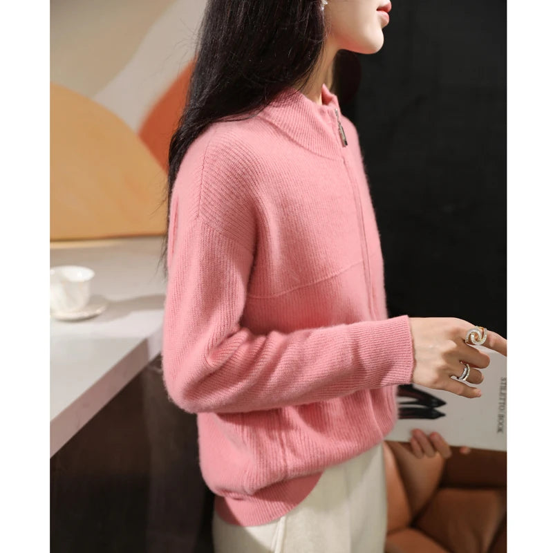 Merino Wool Half-High Collar Cardigan for Women