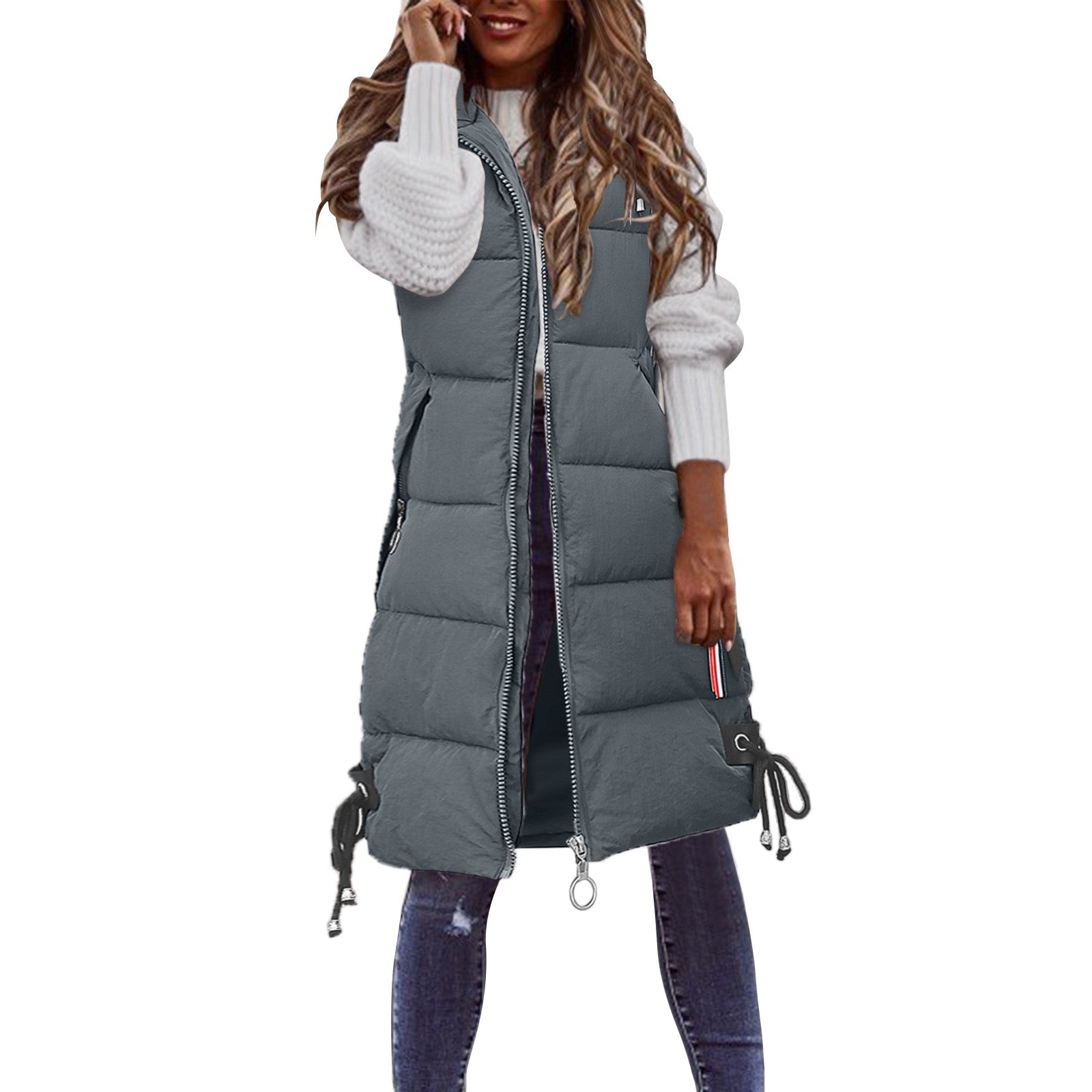 Women Solid Hooded Vest Zipper Pocket