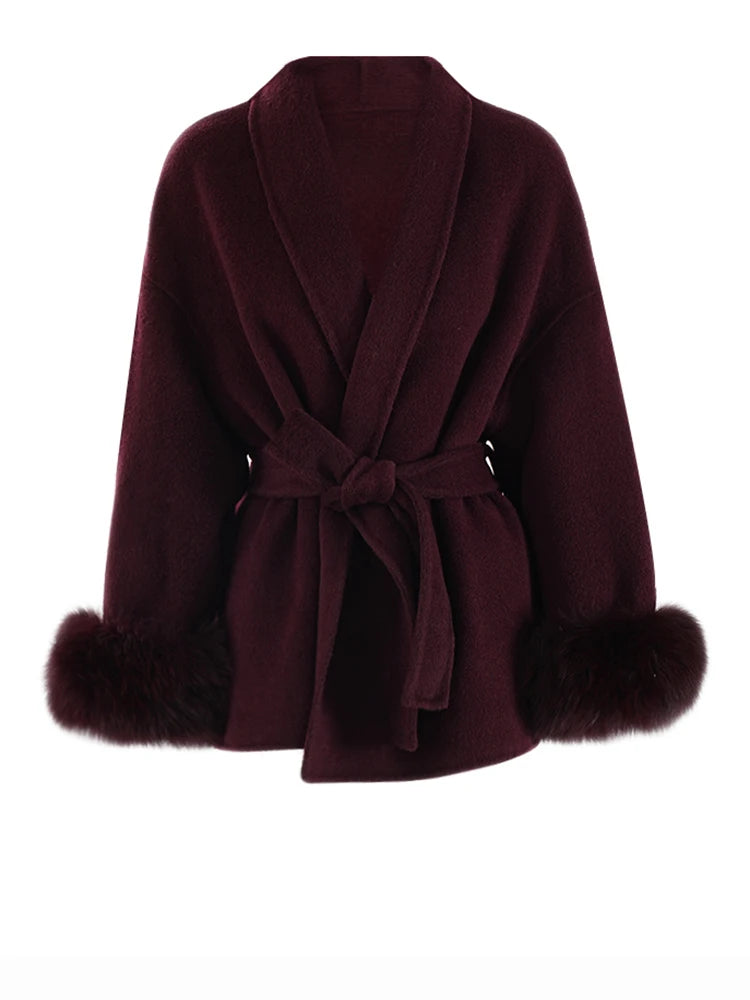 ZMEENNA Wine Red Fur Cuff Belted Woolen Coat for Women