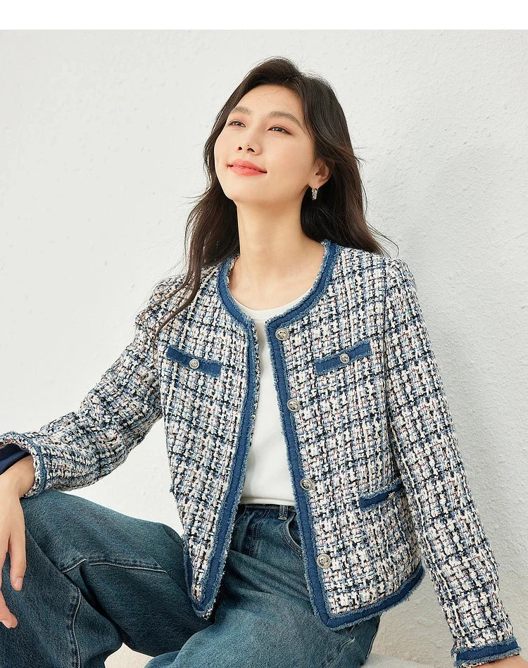 Vimly Plaid Tweed Cropped Jacket for Women