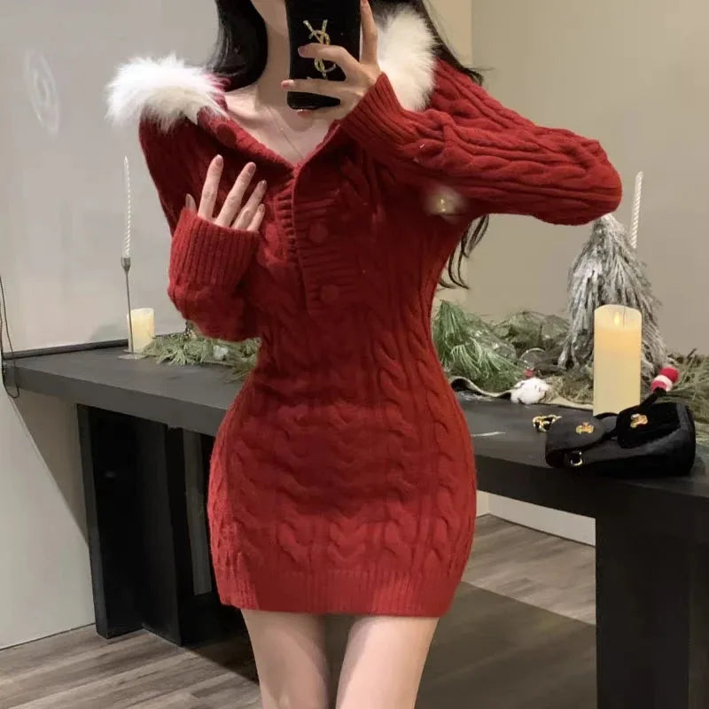 Elegant Christmas Red Hooded Sweater Dress