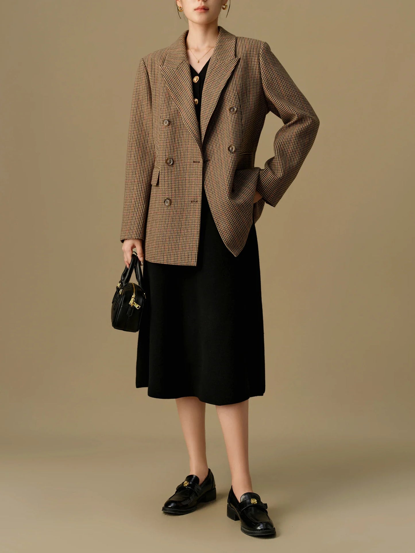 Retro Brown Wool-Blend Blazer for Women