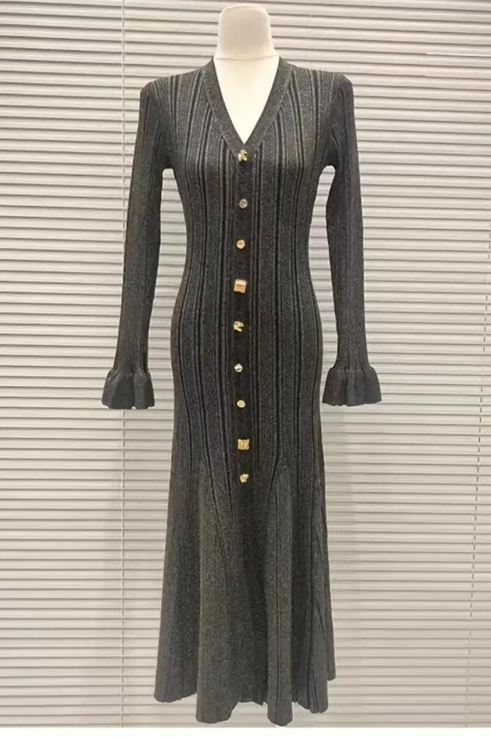 New Autumn Winter Women's V Neck Knitted Long Sleeve Dress