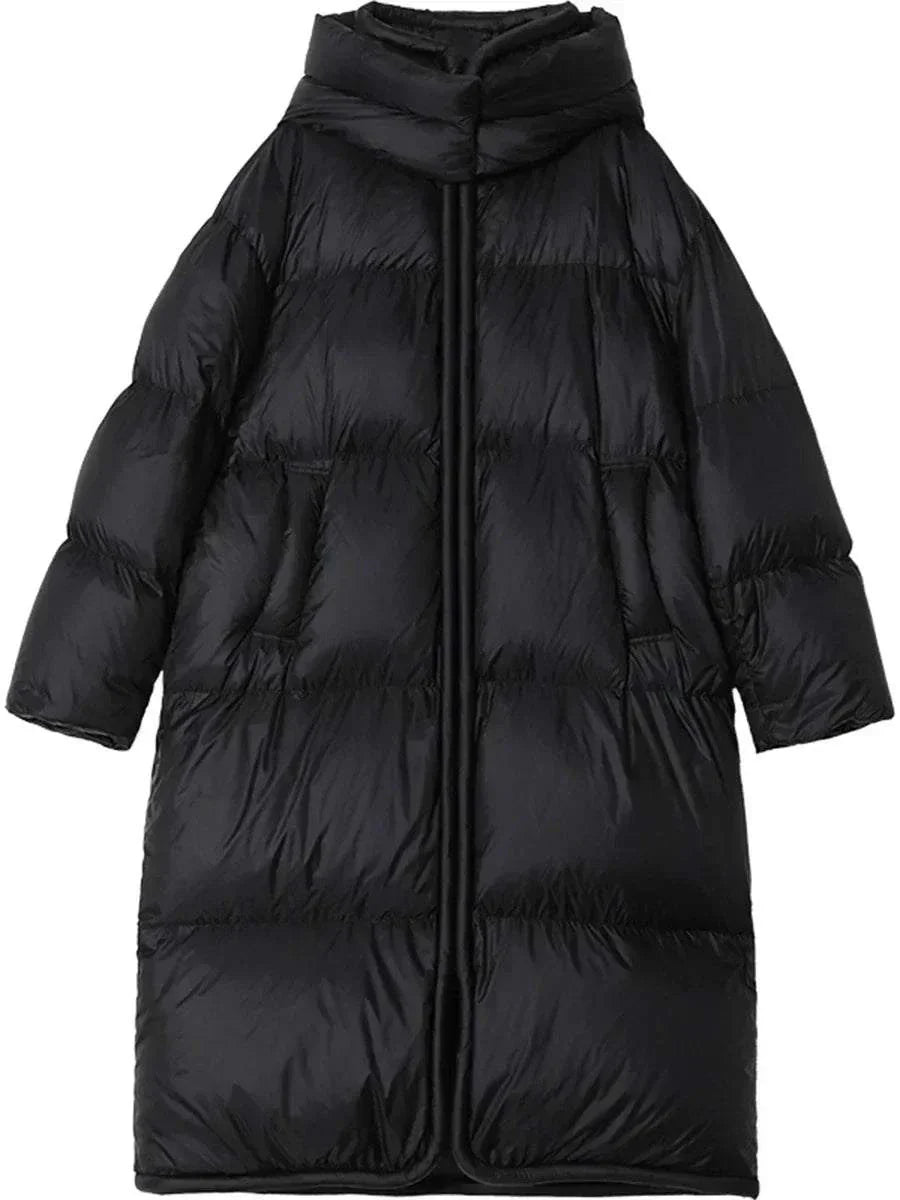 Women's long black down coat with detachable hood, thick and soft for autumn and winter warmth.