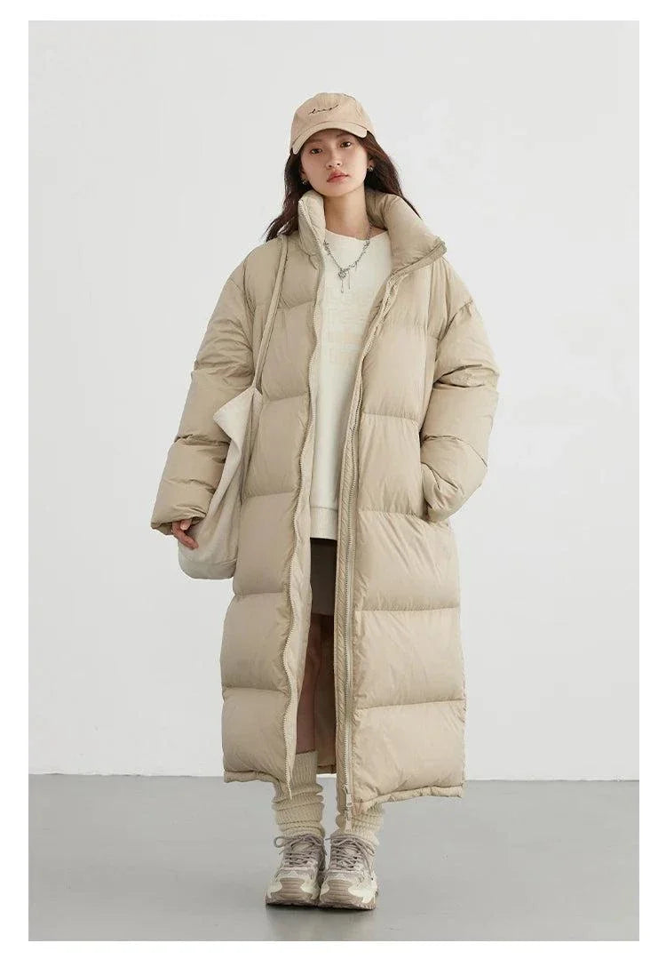 Long beige down coat for women, thick and warm, perfect for autumn and winter 2023, casual loose fit.