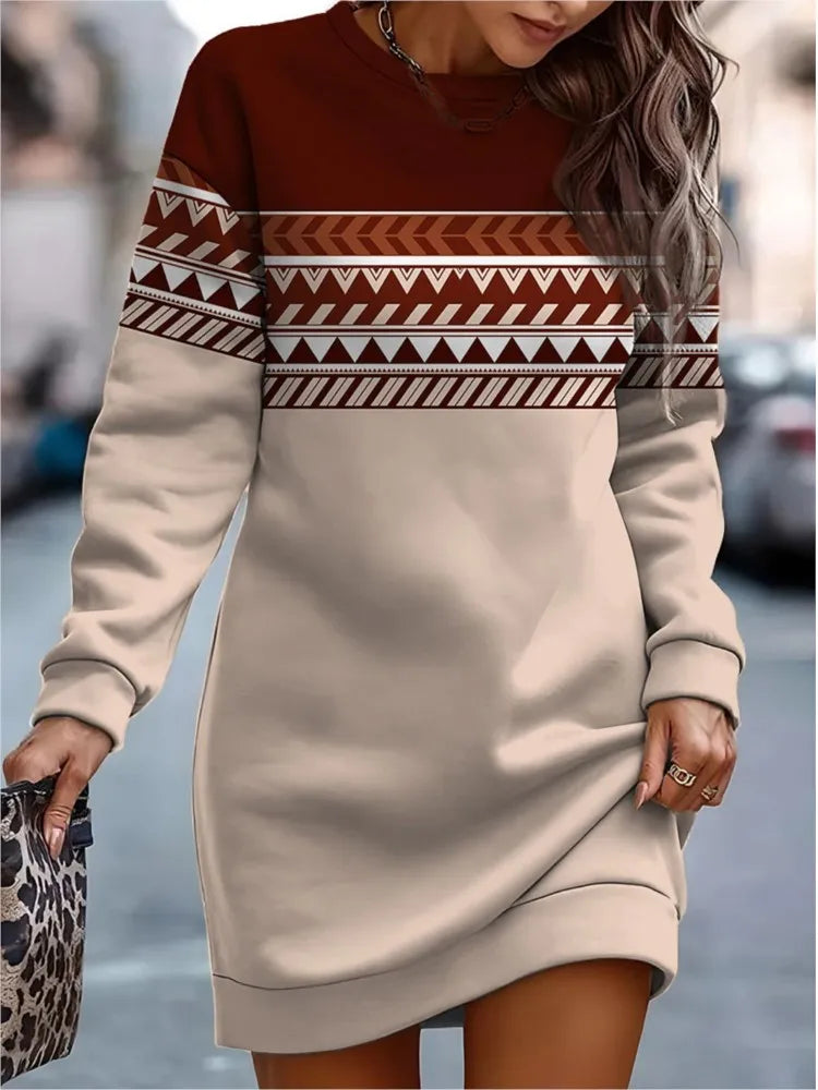 Fashion Print O Neck Sweatshirt Dress for Women