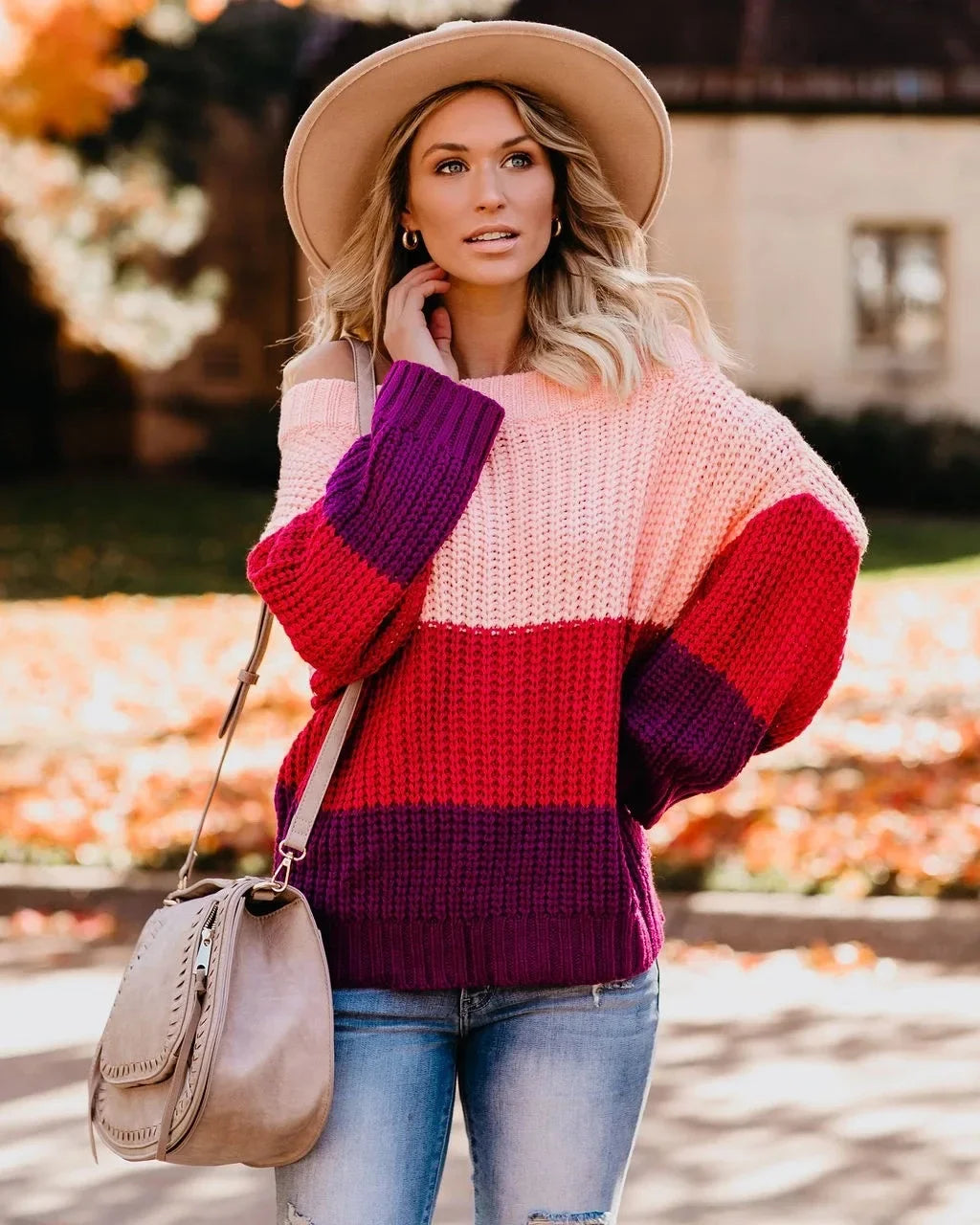 Off Shoulder Color Block Knit Sweater for Women