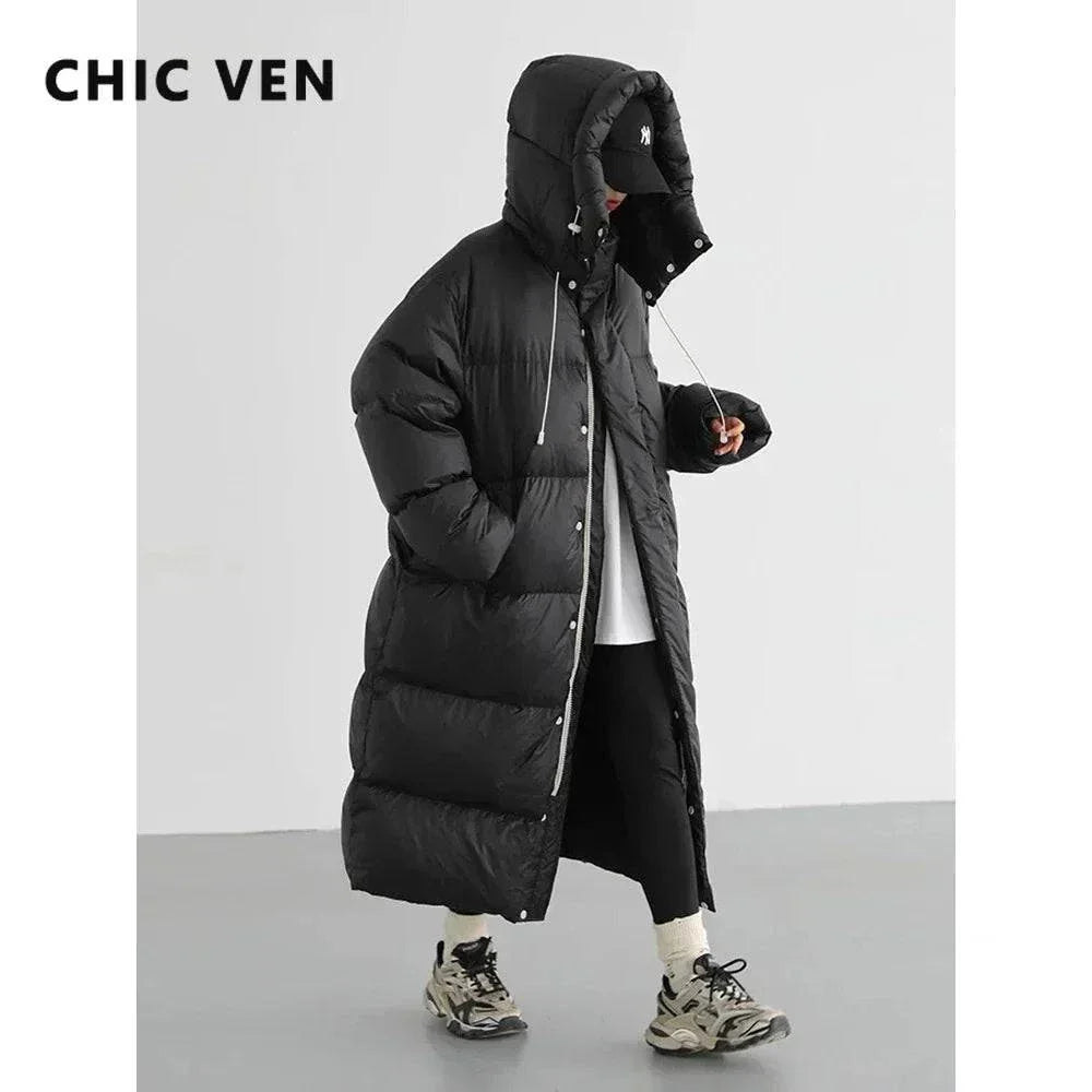 Women's down coat, Korean style, loose hooded long winter jacket, thick, warm, black design.