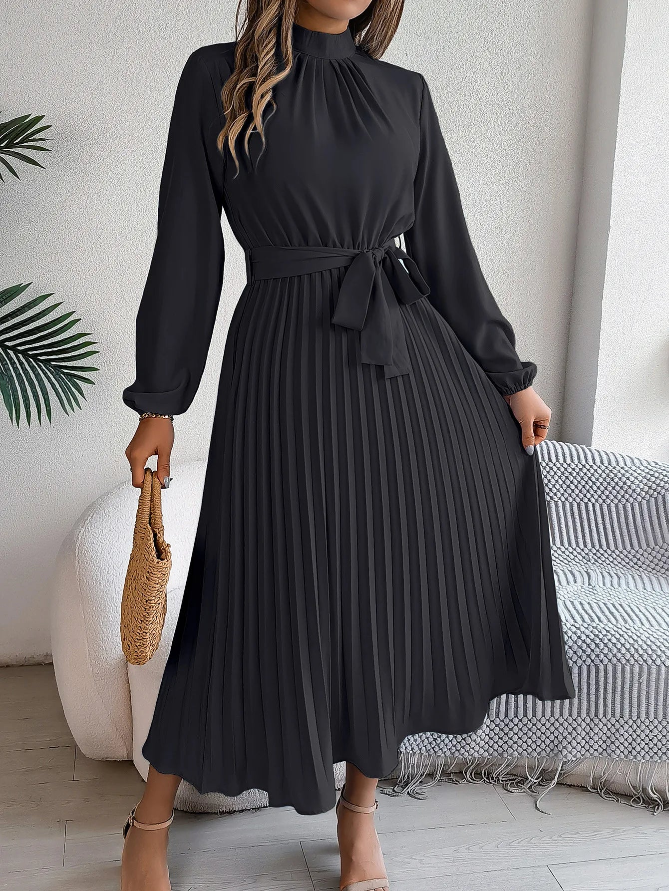 Elegant Stand-Up Collar Pleated Long Dress