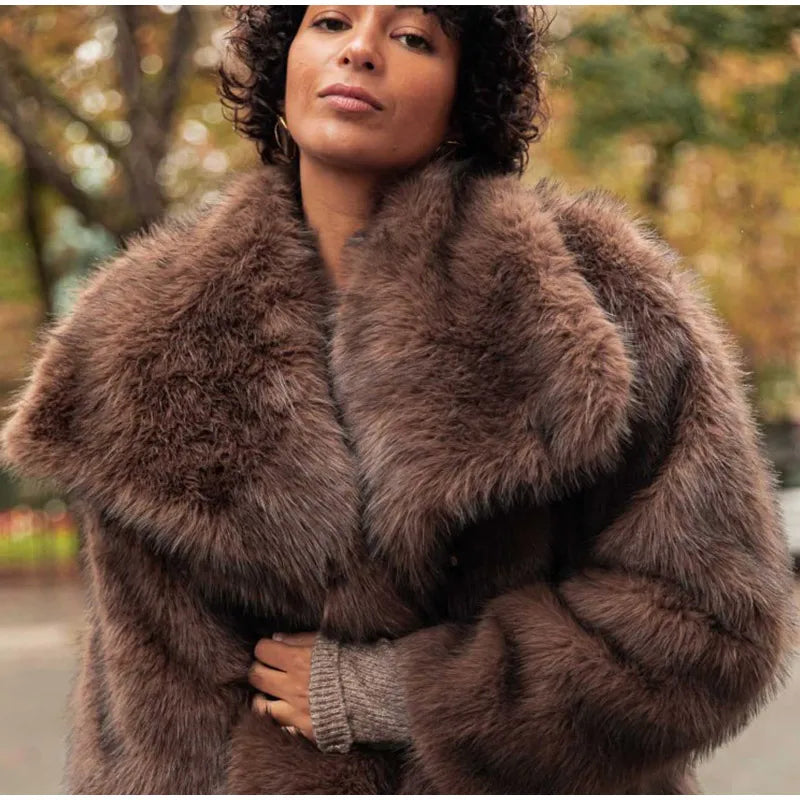 Dark Brown Faux Fur Long Overcoat for Women