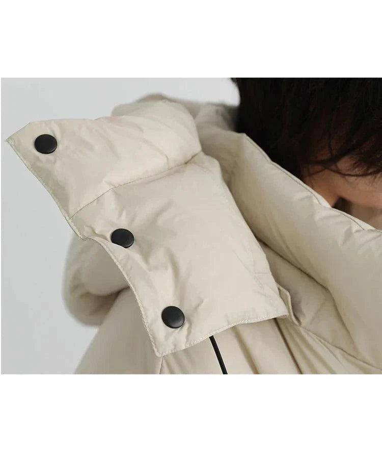 Korean loose hooded long winter jacket with detachable hood.