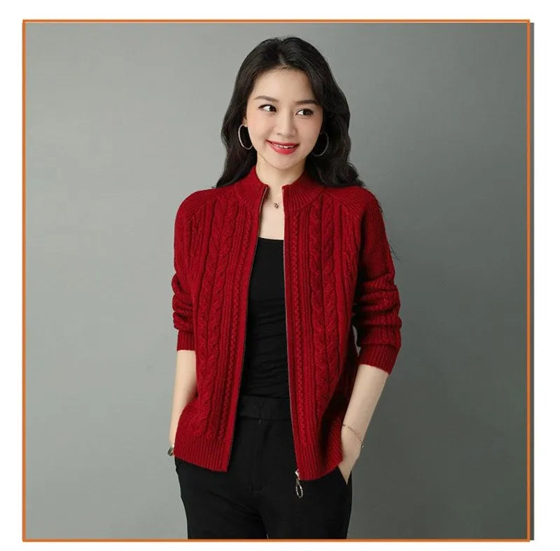 Half High Collar Zipper Knitted Cardigan Jacket for Women