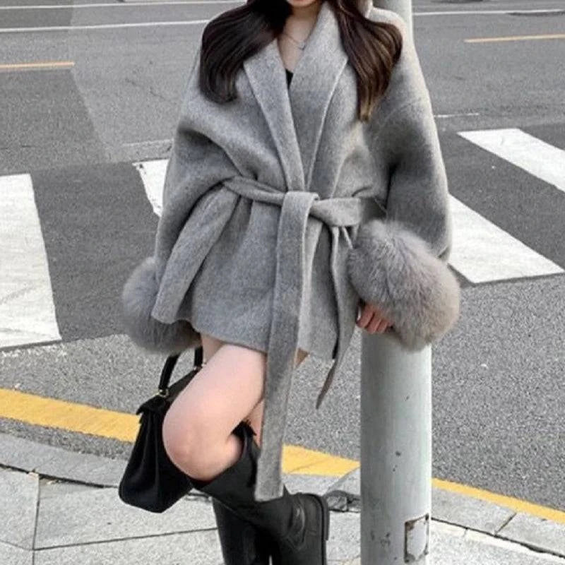 Winter New Loose Fit Lazy Style Chic Fashion V-neck Blend Coat