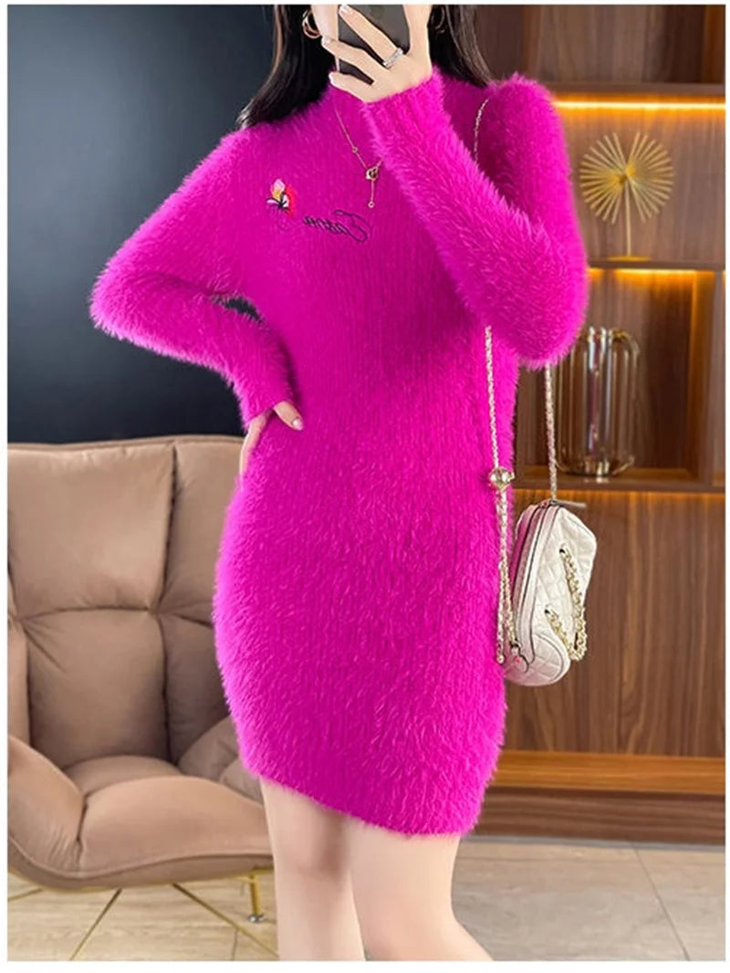 Autumn Winter Imitation Mink Fleece Sweater Dress