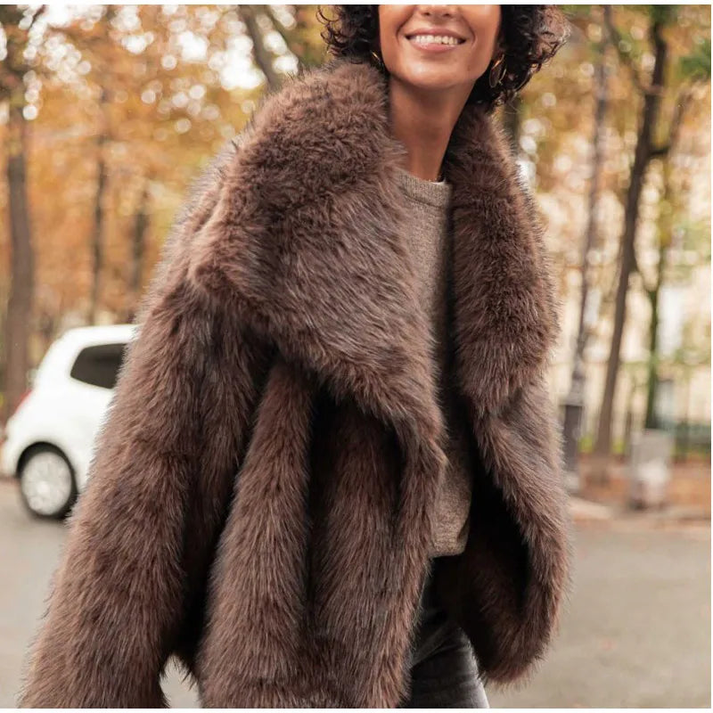 Dark Brown Faux Fur Long Overcoat for Women