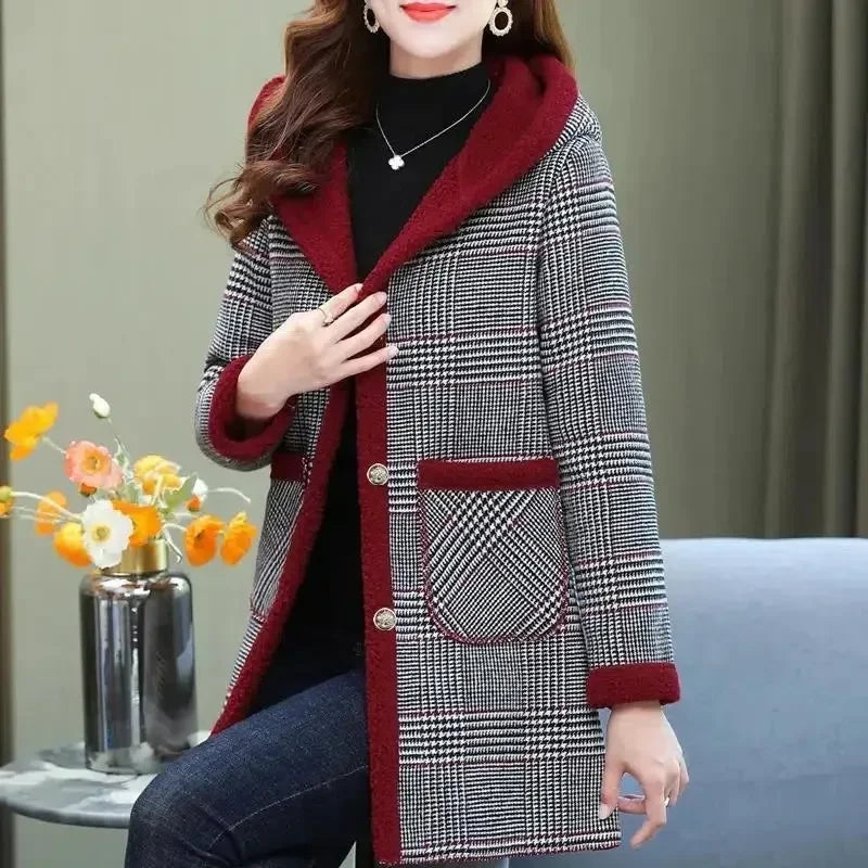 Add Velvet Plaid Coat for Women