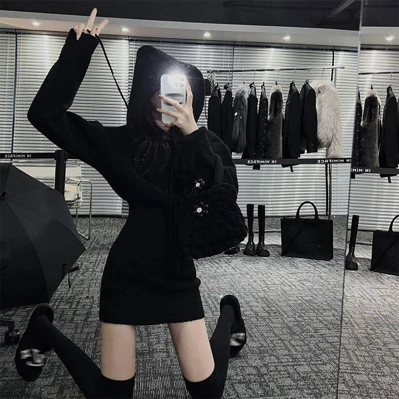 MEXZT Hooded Knitted Mini Dress – Winter Streetwear