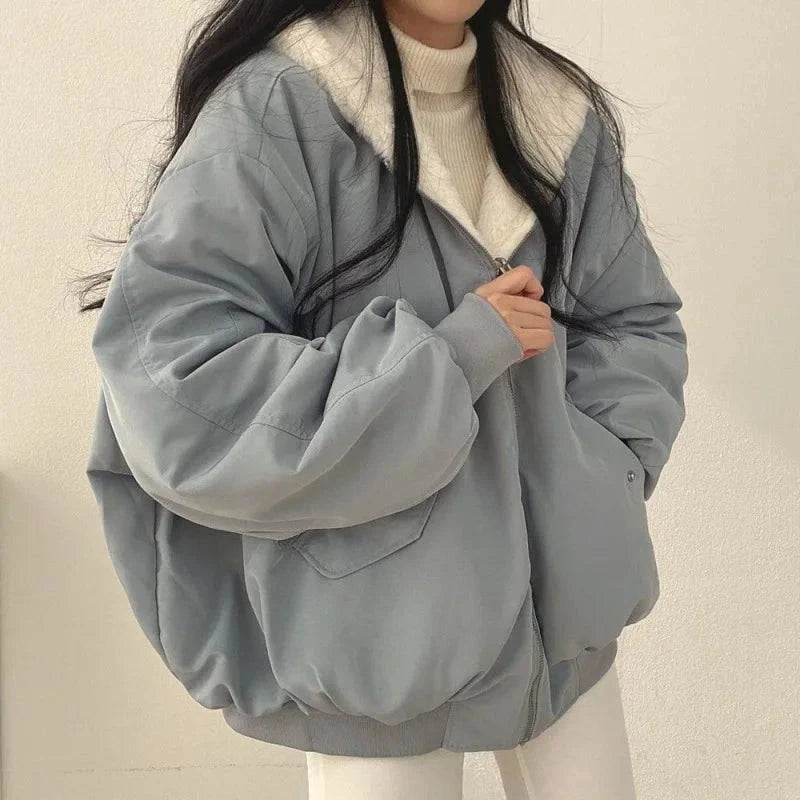 Winter thicken warm parkas women oversized hoodie coat with reversible design, Korean fashion style.