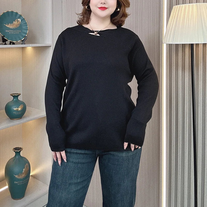 Plus Size Hollow Neck Sweater - Autumn Winter Knitwear