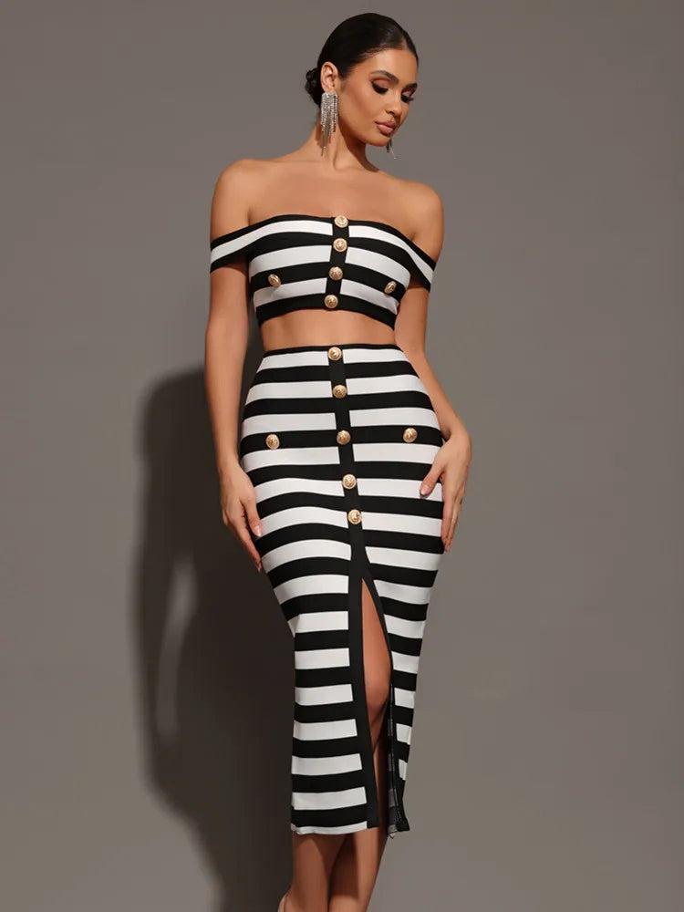 Striped Off-Shoulder Two-Piece Mini Set