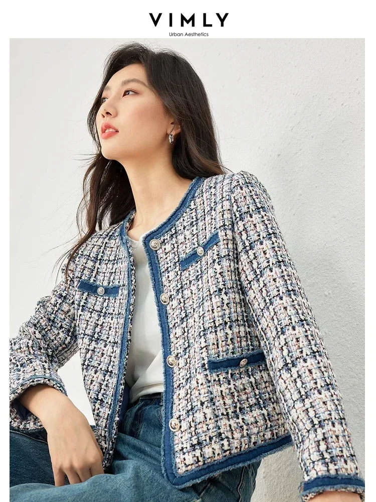 Vimly Plaid Tweed Cropped Jacket for Women