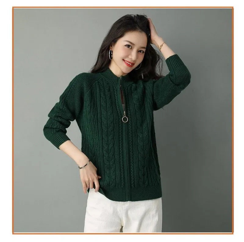 Half High Collar Zipper Knitted Cardigan Jacket for Women