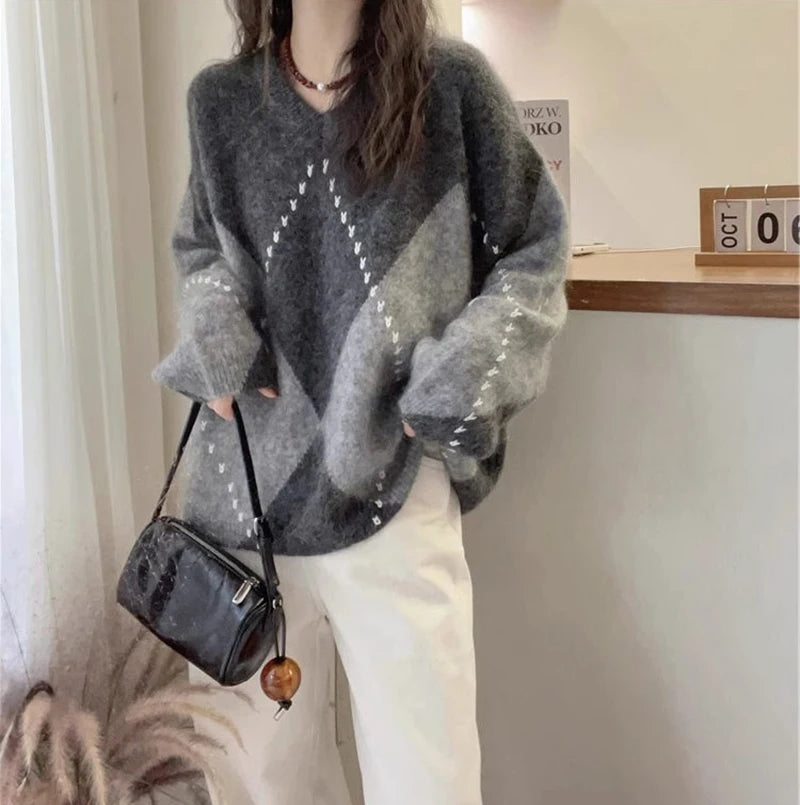 Jmprs Argyle Vintage Sweaters for Women - Cozy Korean Design