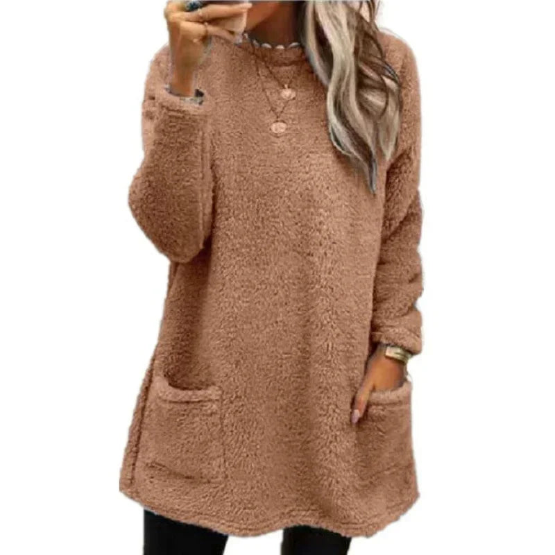 Autumn Winter O Neck Pullover Plush Hoodie for Women