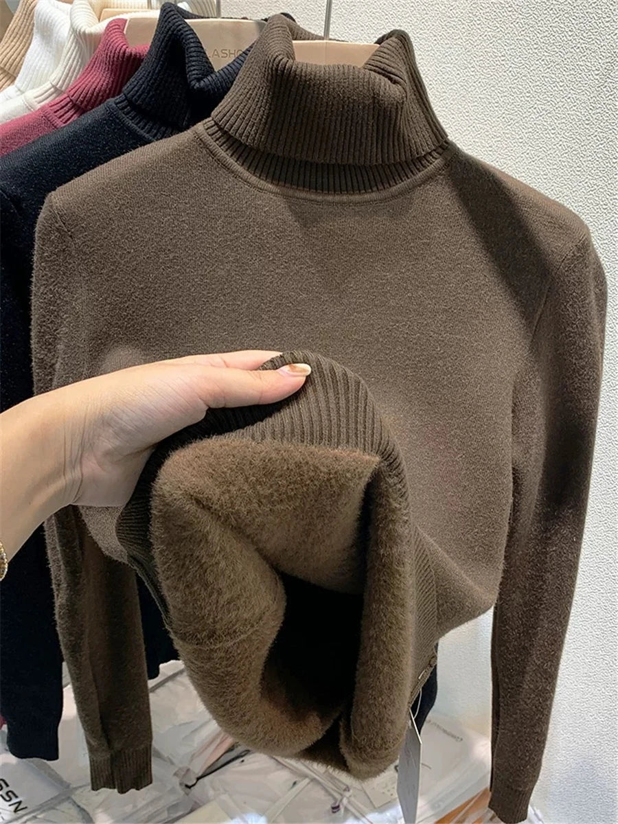 Elegant Velvet Lined Turtleneck Sweater for Women