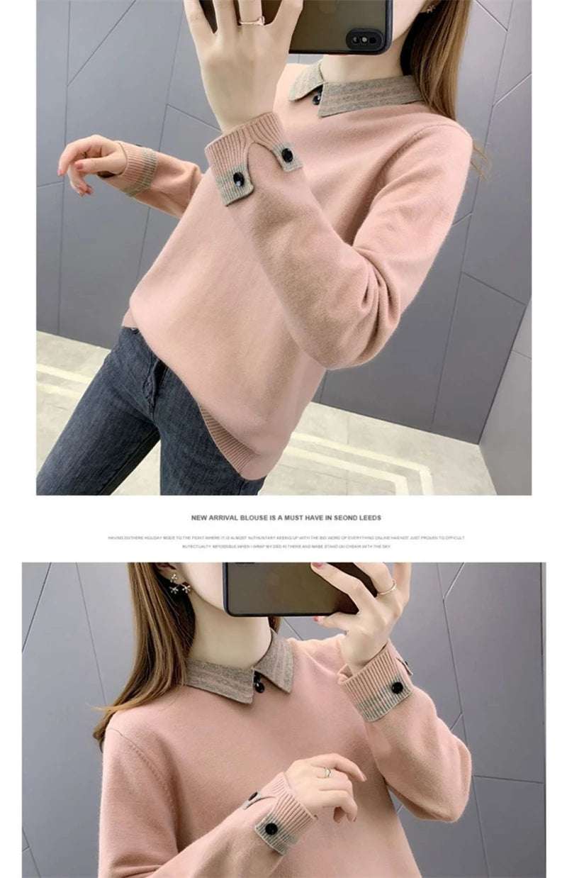 New Autumn Winter Contrast Color Doll Collar Sweater for Women