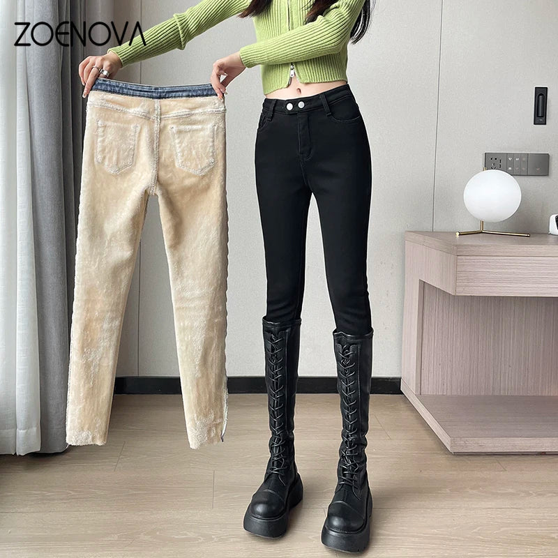 ZOENOVA Winter Velvet High Waist Skinny Jeans for Women