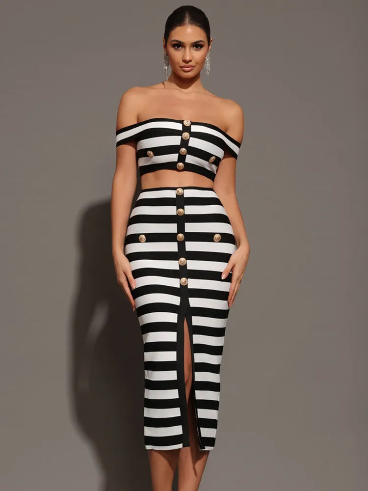 Striped Off-Shoulder Two-Piece Mini Set