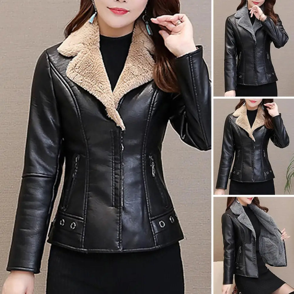 Plush Lapels Faux Leather Jacket for Women