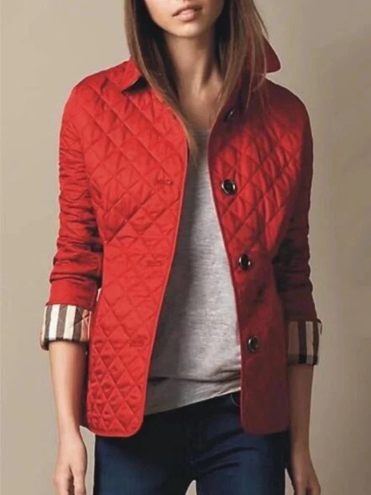 Quilted red winter coat for women with single-breasted closure and turn-down collar.