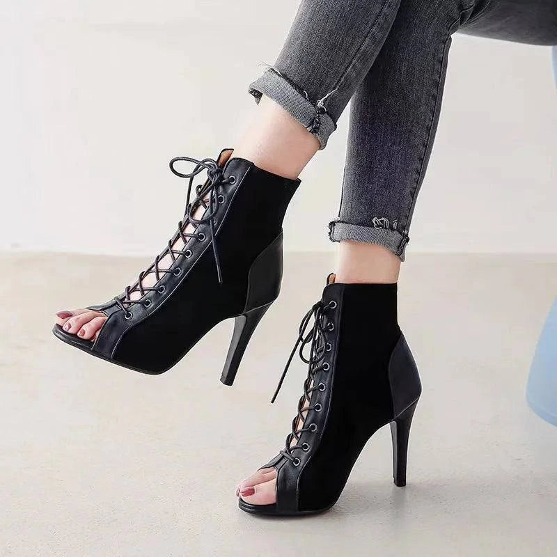 Sassy Stilettos: Black Lace-Up Peep Toe Heels