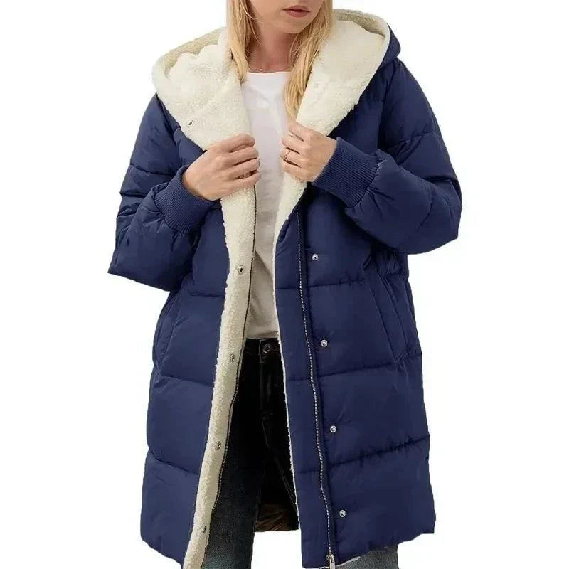 Cotton-padded double-sided velvet fleece parka for women, hooded, slim-fit, winter coat in navy blue.