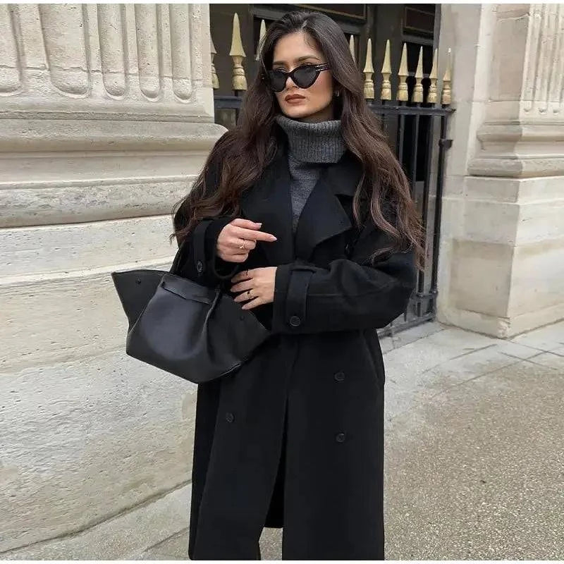 Elegant Black Woolen Long Coat with Belt