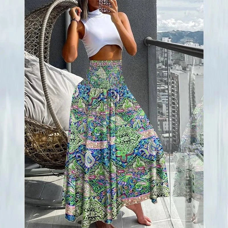 Boho Print Elastic High-Waist Skirt