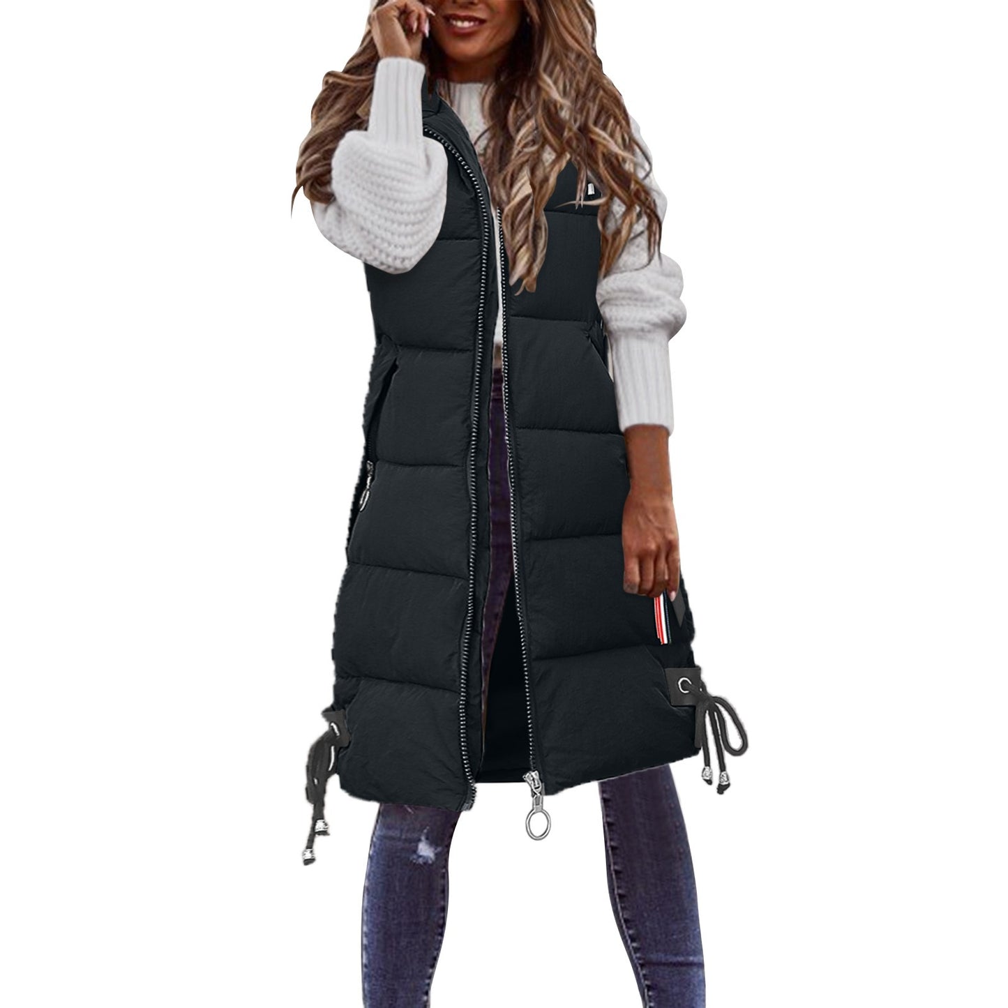 Women Solid Hooded Vest Zipper Pocket