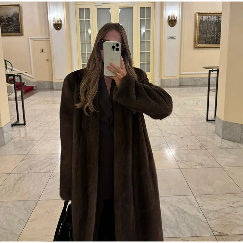 Dark Brown Faux Fur Long Overcoat for Women