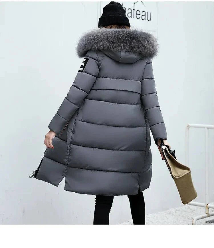 Winter Fashion Fur Collar Hoodie Parka for women, casual zipper style, grey bubble puffer design.