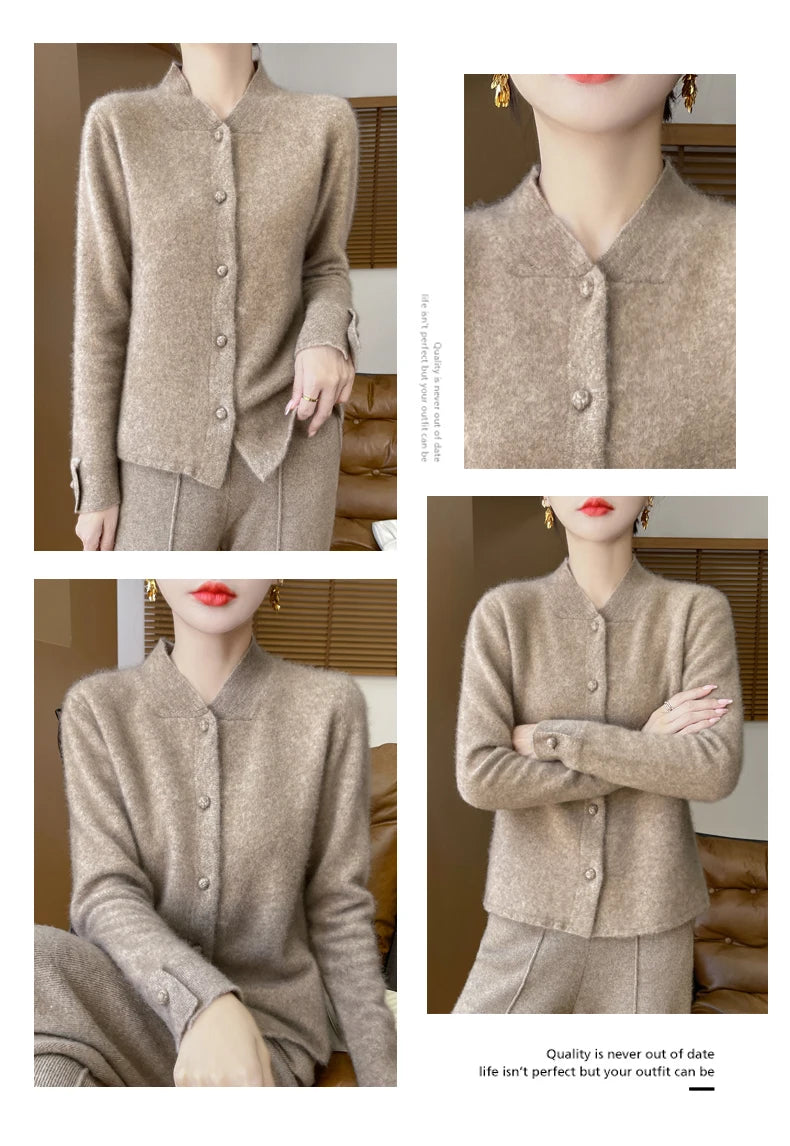 100% Merino Wool Stand Collar Cardigan