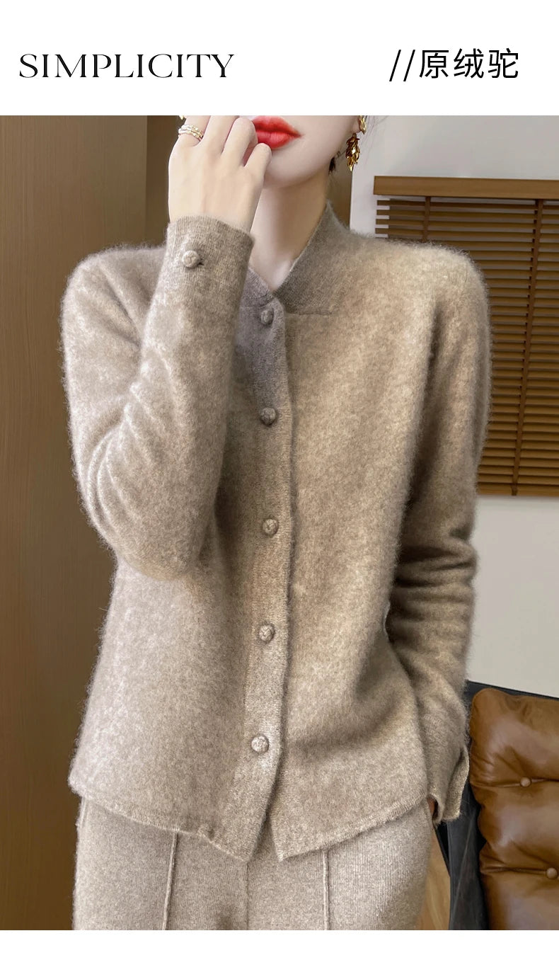 100% Merino Wool Stand Collar Cardigan